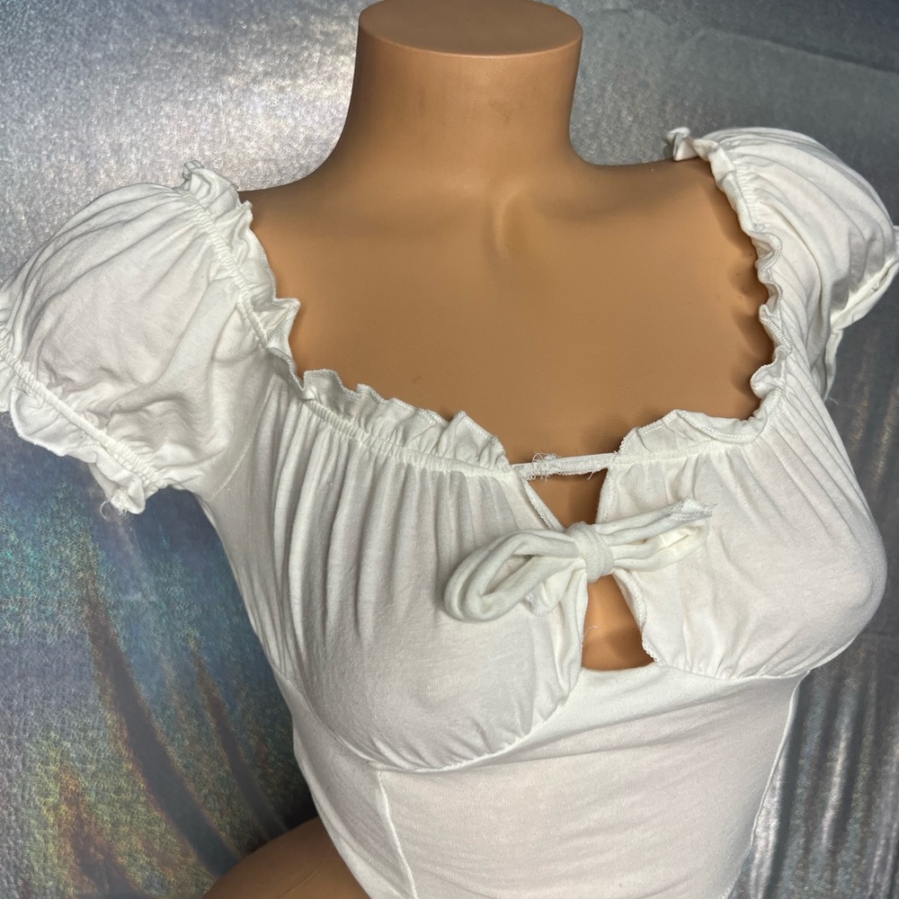 Fashion nova top milk maid ruffle frill bow tie sexy cute puff shoulder cottage - Picture 4 of 8